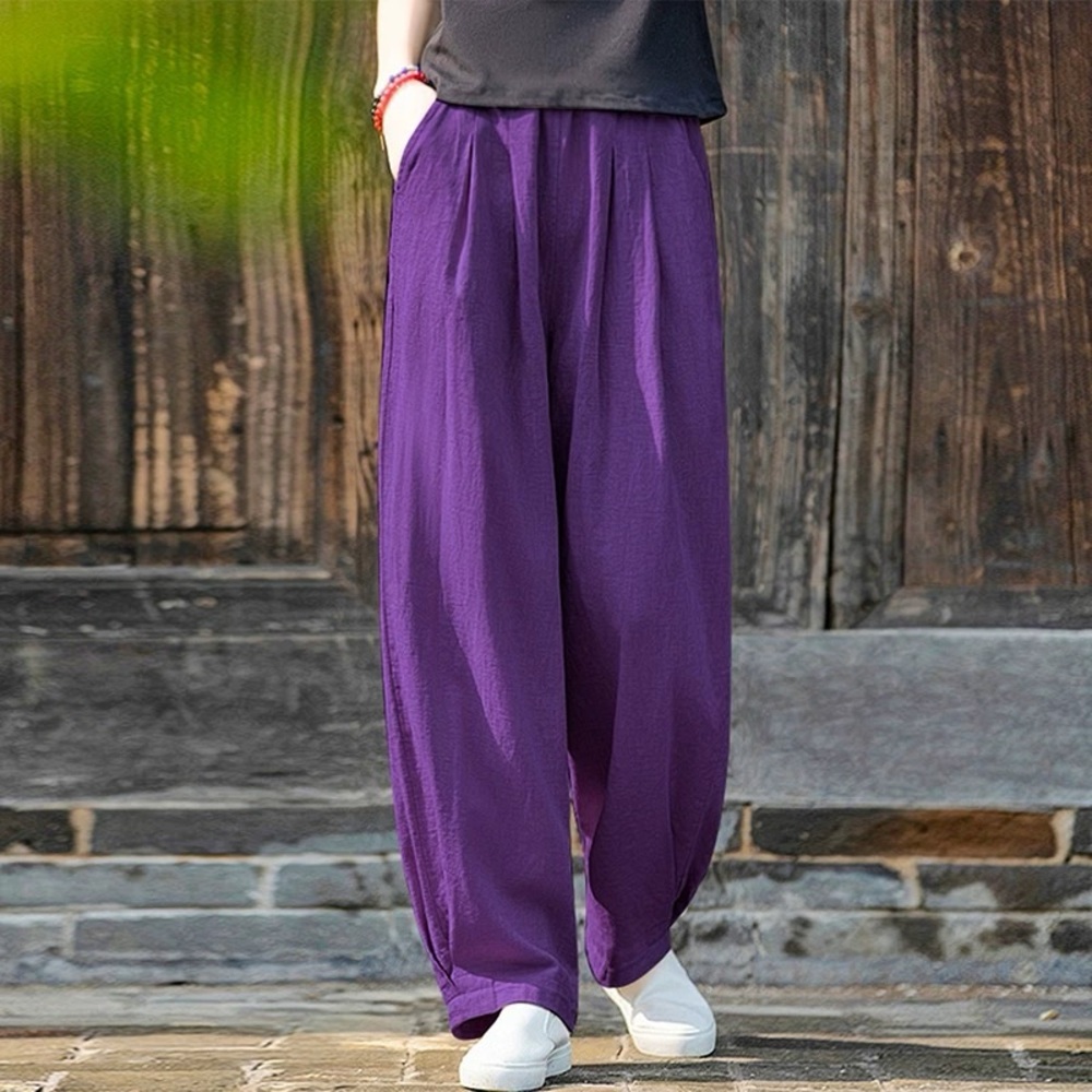 Purple Wide-Leg Linen Pants - Flowy & Comfy Large